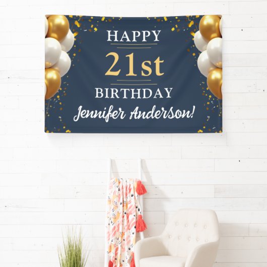 21歳の誕生日ネイビーブルーと金ゴールドお祝い 横断幕 (インサイチュ)