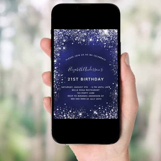 21歳の誕生日ネイビーブルーシルバーグリッターグラマラス 招待状