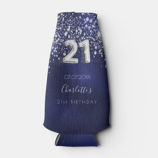 21歳の誕生日ネイビーブルーシルバーグリッターダスト名 ボトルクーラー (正面)