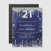 21歳の誕生日ネイビーブルーシルバーグリッター贅沢 マグネット招待状 (正面/裏面)