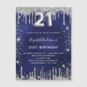 21歳の誕生日ネイビーブルーシルバーグリッター贅沢 マグネット招待状 (正面)