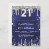21歳の誕生日ネイビーブルーシルバーグリッター贅沢 招待状 (正面)