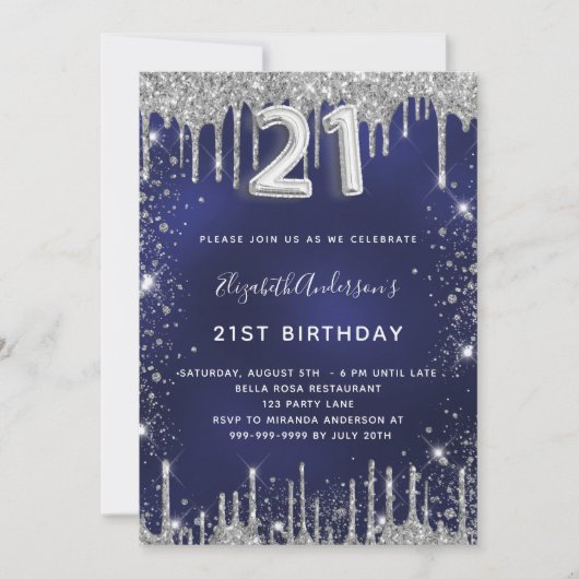 21歳の誕生日ネイビーブルーシルバーグリッター贅沢 招待状 (正面)