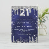 21歳の誕生日ネイビーブルーシルバーグリッター贅沢 招待状 (スタンド正面)