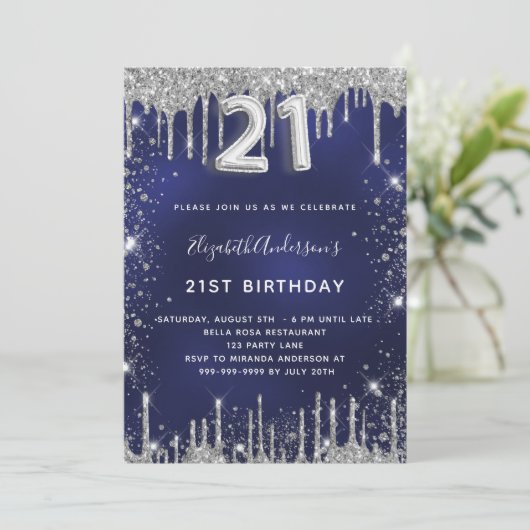 21歳の誕生日ネイビーブルーシルバーグリッター贅沢 招待状 (スタンド正面)