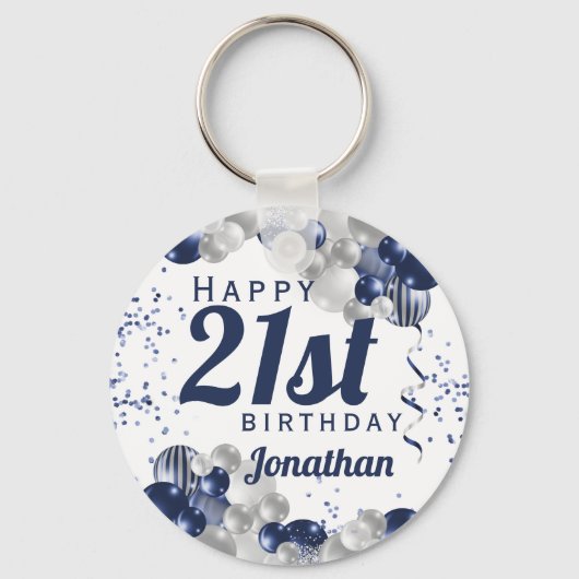 21歳の誕生日ネイビーブルーバルーン キーホルダー (正面)
