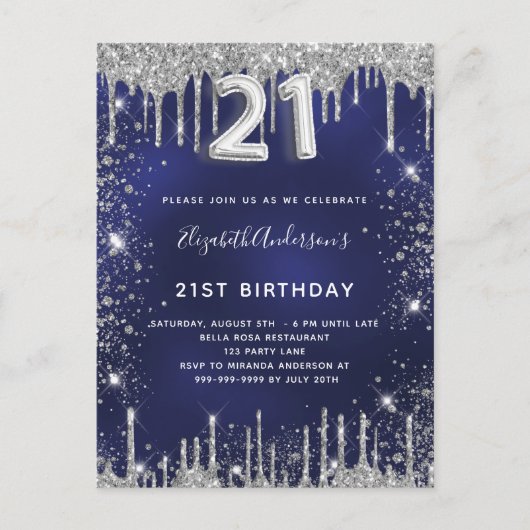 21歳の誕生日ネイビーブルー銀グリッターダストグラム インビテーションポストカード (正面)