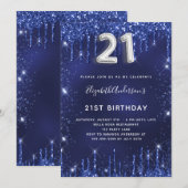21歳の誕生日ネイビーブルー銀グリッターダストグラム 招待状 (正面/裏面)
