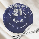 21歳の誕生日ネイビーブルー銀星 ペーパープレート<br><div class="desc">21歳の誕生日お祝い。銀の星を持つネイビーフェイクブルーの背景色。青い色が不均一だ。名前を追加する，文字.</div>