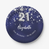 21歳の誕生日ネイビーブルー銀星 ペーパープレート (正面)