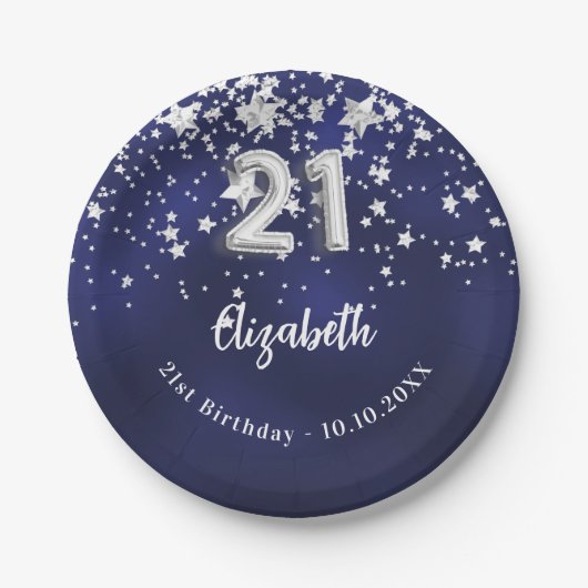 21歳の誕生日ネイビーブルー銀星 ペーパープレート (正面)