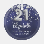 21歳の誕生日ネイビー・ブルー・シルバー・スターズ ガラスオーナメント (正面)
