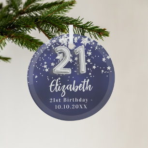 21歳の誕生日ネイビー・ブルー・シルバー・スターズ ガラスオーナメント