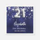 21歳の誕生日ネイビー・ブルー・シルバー・スターズ スタンダードカクテルナプキン (正面)