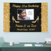 21歳の誕生日バナーパーソナライズされた、ブラックと金ゴールド 横断幕 (トレードショー)