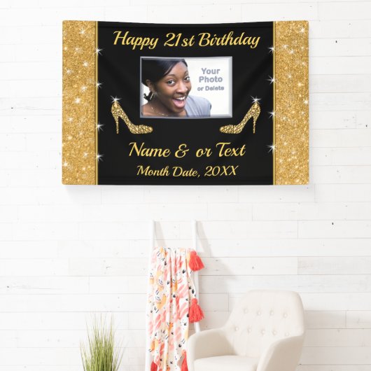 21歳の誕生日バナーパーソナライズされた、ブラックと金ゴールド 横断幕 (インサイチュ)