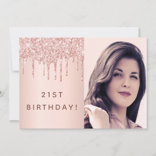21歳の誕生日バラ金ゴールドカスタムグリッターフォトグラム 招待状 (正面)