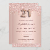 21歳の誕生日バラ金ゴールドグリッタードリップスピンクグラム 招待状 (正面/裏面)