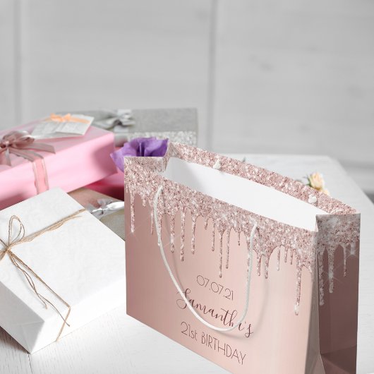 21歳の誕生日バラ金ゴールドグリッタードリップピンク ラージペーパーバッグ