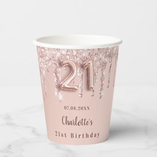 21歳の誕生日バラ金ゴールドグリッタードリップモノグラム 紙コップ (正面)