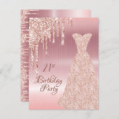 21歳の誕生日バラ金ゴールドグリッタードリップ招待 ポストカード (正面/裏面)
