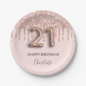 21歳の誕生日バラ金ゴールドグリッターピンクバルーンスタイル ペーパープレート (正面)