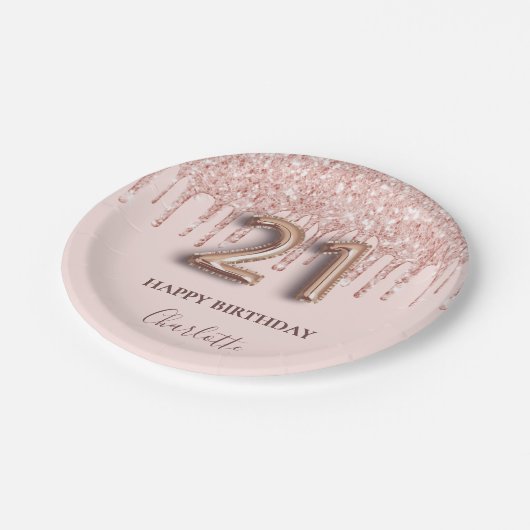 21歳の誕生日バラ金ゴールドグリッターピンクバルーンスタイル ペーパープレート (アングル)