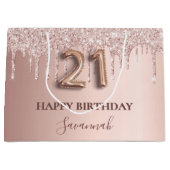 21歳の誕生日バラ金ゴールドグリッターピンクバルーンスタイル ラージペーパーバッグ (正面)