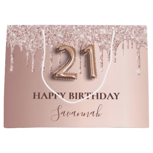 21歳の誕生日バラ金ゴールドグリッターピンクバルーンスタイル ラージペーパーバッグ (正面)