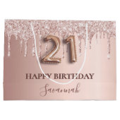 21歳の誕生日バラ金ゴールドグリッターピンクバルーンスタイル ラージペーパーバッグ (裏面)