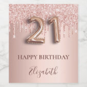 21歳の誕生日バラ金ゴールドグリッターピンクバルーンスタイル ワインラベル (シングルラベル)