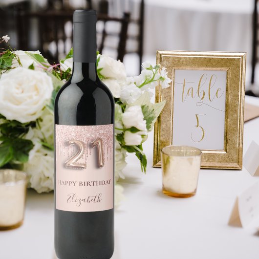 21歳の誕生日バラ金ゴールドグリッターピンクバルーンスタイル ワインラベル