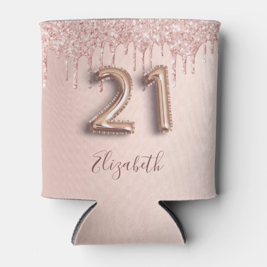21歳の誕生日バラ金ゴールドグリッターピンクバルーンスタイル 缶クーラー (正面)