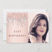21歳の誕生日バラ金ゴールドグリッターフォトピンクシルバー 招待状 (正面)