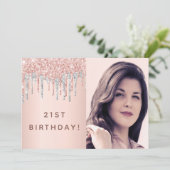 21歳の誕生日バラ金ゴールドグリッターフォトピンクシルバー 招待状 (スタンド正面)