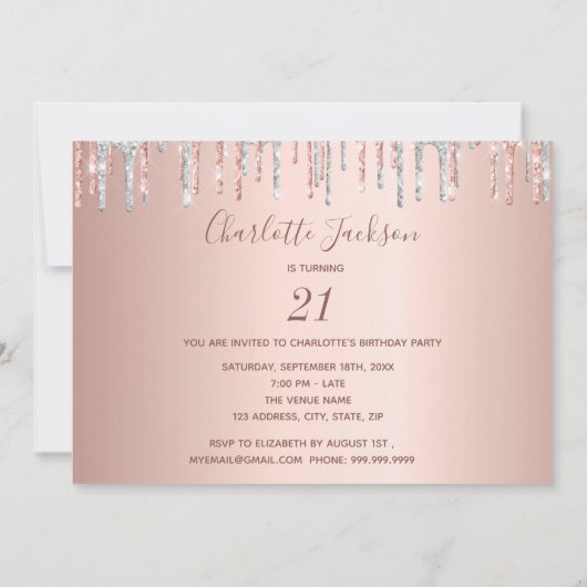 21歳の誕生日バラ金ゴールドグリッターフォトピンクシルバー 招待状 (裏面)