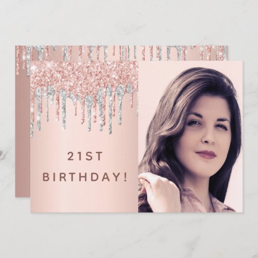 21歳の誕生日バラ金ゴールドグリッターフォトピンクシルバー 招待状 (正面/裏面)