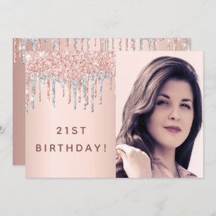 21歳の誕生日バラ金ゴールドグリッターフォトピンクシルバー 招待状