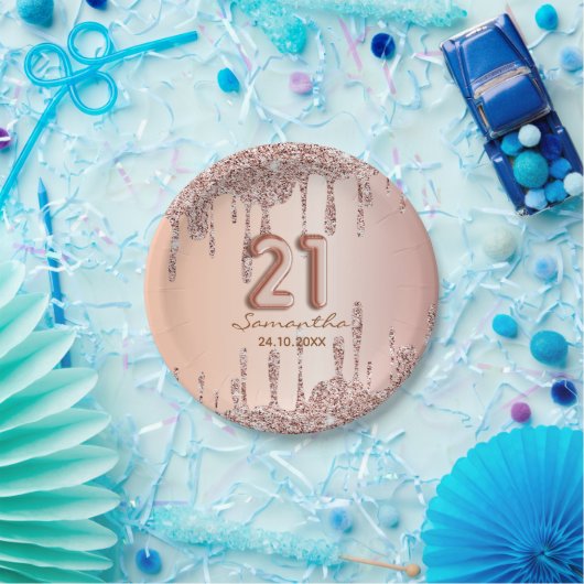 21歳の誕生日バラ金ゴールドグリッター乾燥 ペーパープレート (パーティー)