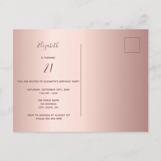 21歳の誕生日バラ金ゴールドグリッター写真の招待 ポストカード (裏面)