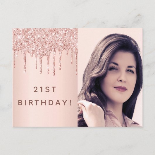 21歳の誕生日バラ金ゴールドグリッター写真の招待 ポストカード (正面)