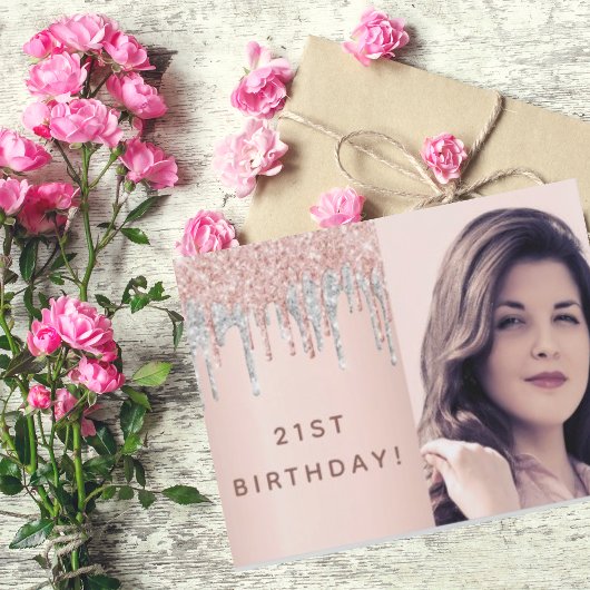 21歳の誕生日バラ金ゴールドグリッター写真の招待 ポストカード