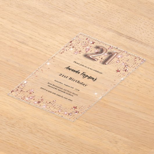 21歳の誕生日バラ金ゴールドスター澄んパーティー アクリル招待状 (レイダウン)