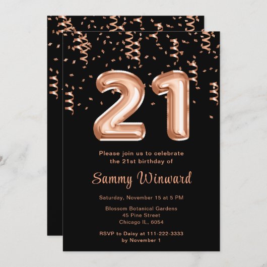 21歳の誕生日バラ金ゴールドバルーンと紙吹雪 招待状 (正面/裏面)