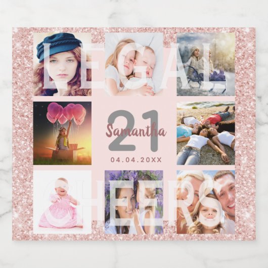 21歳の誕生日バラ金ゴールドピンクグリッター写真合法 スパークリングワインラベル (シングルラベル)