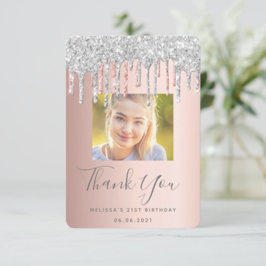 21歳の誕生日バラ金ゴールドピンクシルバーグリッター写真 サンキューカード (スタンド正面)