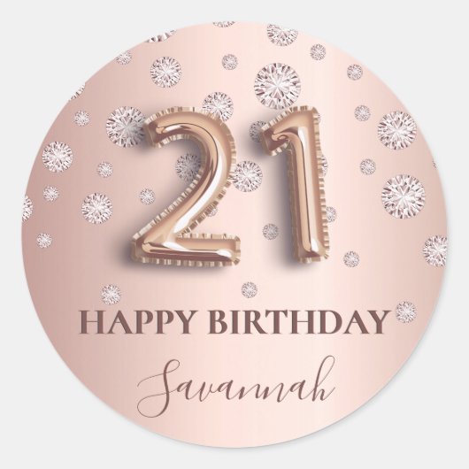 21歳の誕生日バラ金ゴールドピンクダイヤモンドバルーンフォント ラウンドシール (正面)