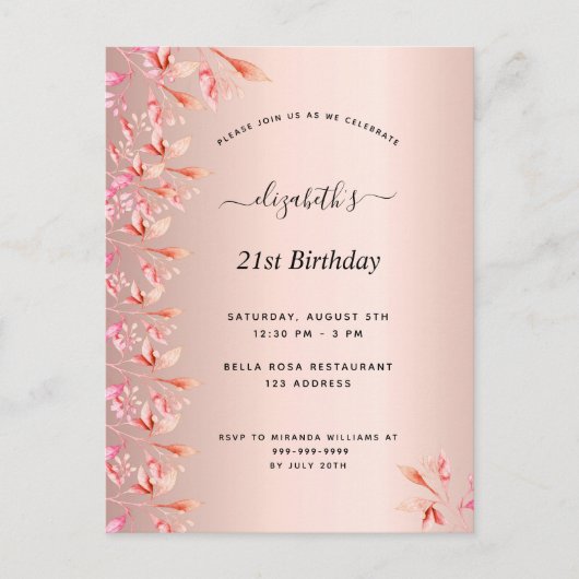 21歳の誕生日バラ金ゴールドピンクフローラ ポストカード (正面)