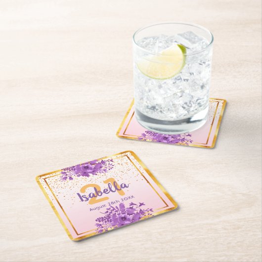 21歳の誕生日バラ金ゴールドピンク花模様名 スクエアペーパーコースター (インサイチュ)