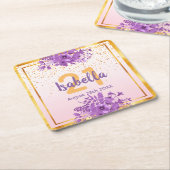 21歳の誕生日バラ金ゴールドピンク花模様名 スクエアペーパーコースター (アングル)